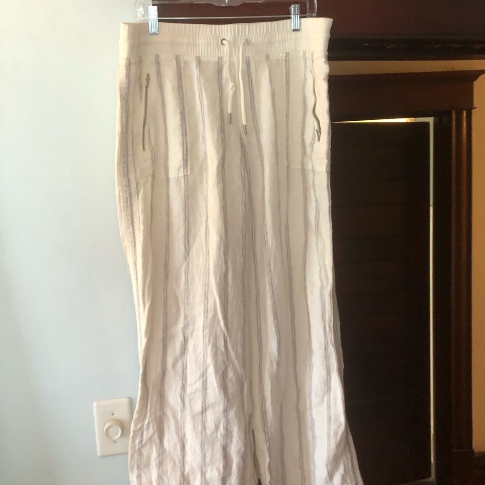 Athleta Cream Wide-Leg Linen Blend Pants with Subtle Gray Stripes
